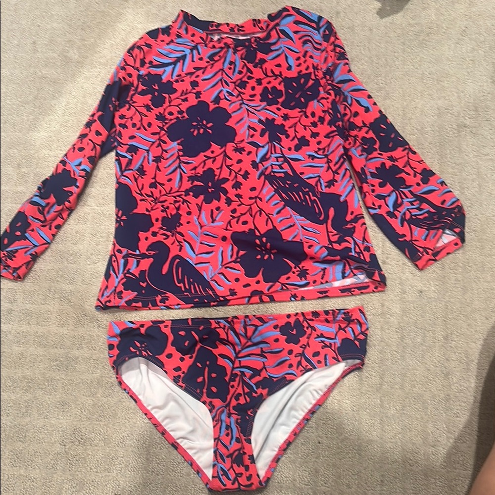 Lilly Pulitzer Kids Swim Floral long sleeve SPF Swim Set - Pink and Blue